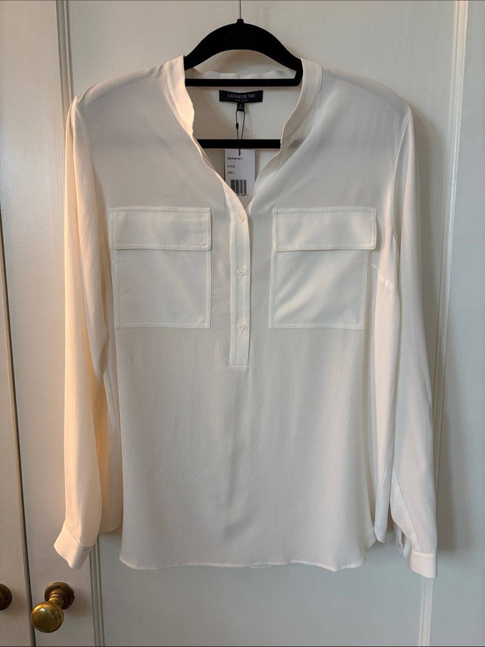 100% Silk Lafayette 148 Ivory Pocket-Front Henley Blouse